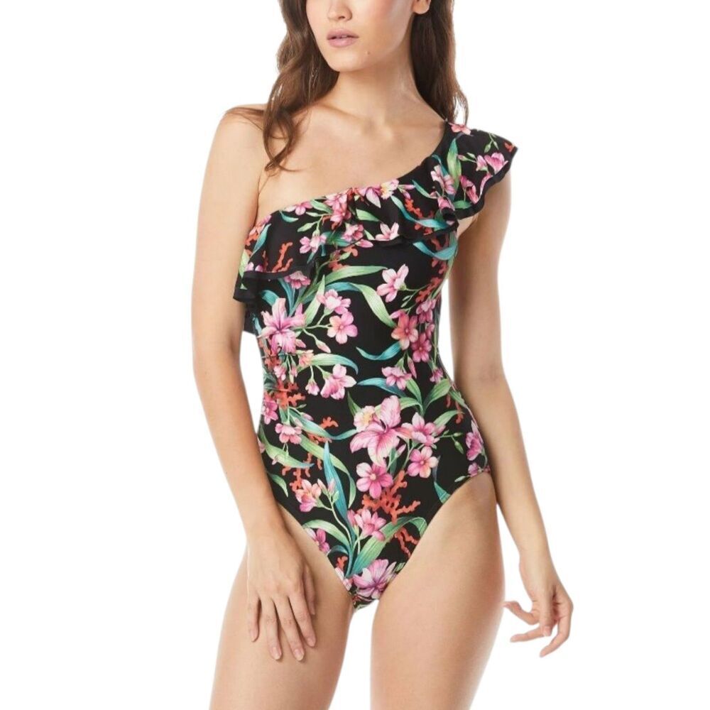 Carmen Marc Valvo Black Floral One Shoulder Ruffle One Piece Swimsuit 12